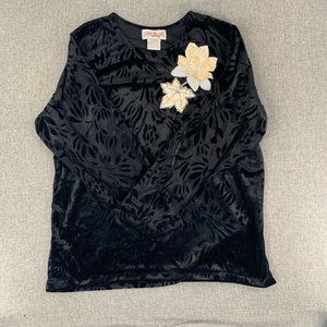 Vintage Bridge BG Gate Black‎ Satin Over Sized Blouse Long Sleeve Medium Floral